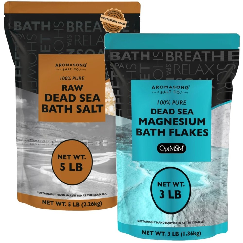 Aromasong Dead Sea Relaxation Bundle: 5 lbs Raw Dead Sea Salt + 3 lbs Magnesium Flakes for Bath Soaks and Skin Care