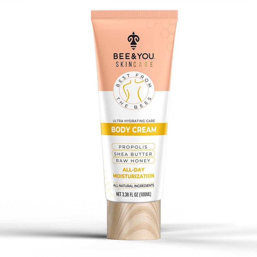 BEE and YOU Ultra Hydrating Body Cream Moisturizer, Shea Butter, Argan Oil, Vitamin B5, Raw Honey and Propolis Extract, 100% Natural, Fast Absorbing Skin Care, 3.38 fl. Oz