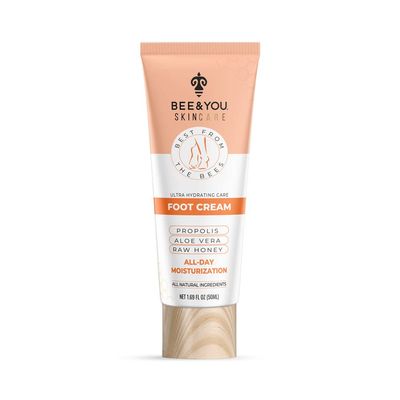 BEE and YOU 100% Natural, Foot Cream Moisturizer for Dry Cracked Feet, Propolis Extract, Aloe Vera, Raw Honey, Shea Butter, Coconut Oil, Vitamin B5, Zinc, 1.69 fl oz