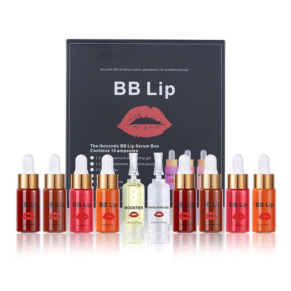 Novobey BB Lips Serum Kit, Semi Permanent Lip Make-up Treatment, 4 Color Lip Gloss Lip Tint for Lip Pigment Professional Makup Kit, Including 4 Colors Liquid Lip Pigments, Exfoliating Gel and Booster