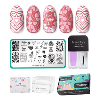 Maniology Valentines Day Nail Stamping Starter Kit | Romantic Nail Art Designs, Hearts & Love Patterns DIY Manicures Includes Stamping Plate, Polish, Top Coat, Stamper & Scraper Card