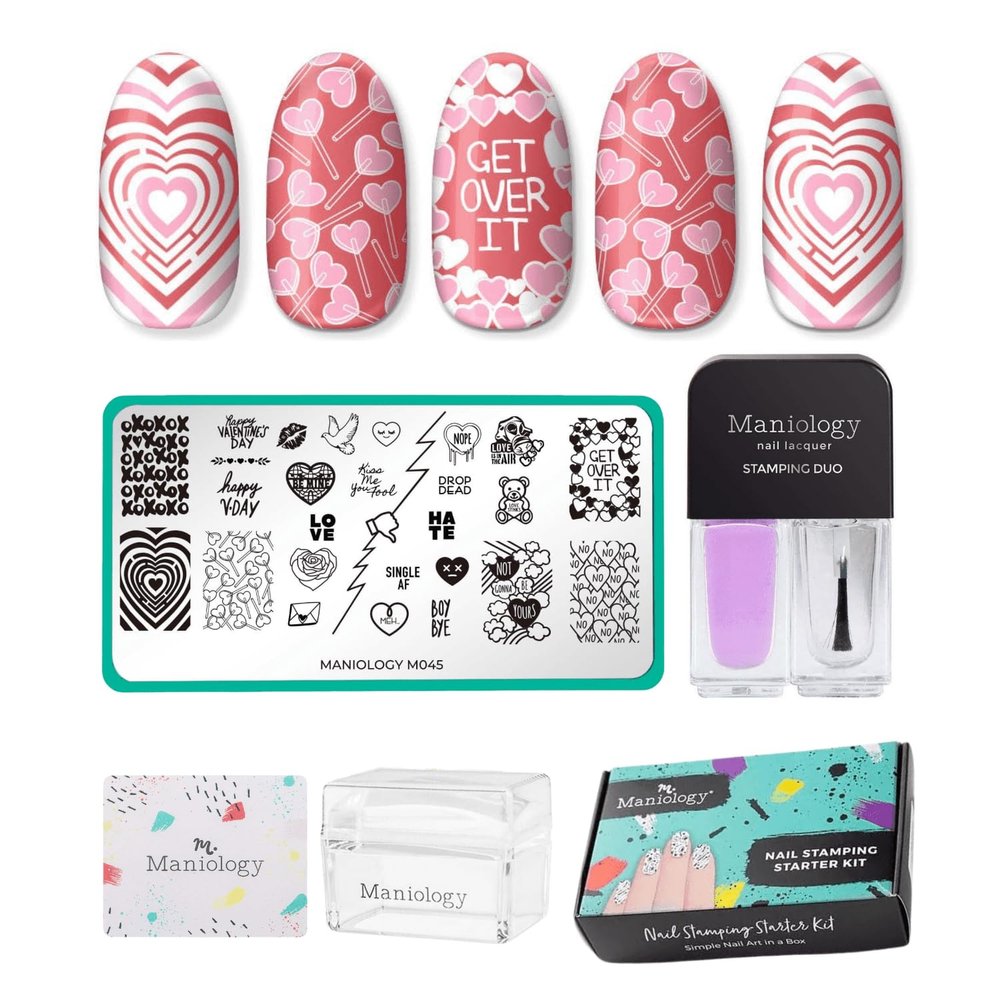 Maniology Valentines Day Nail Stamping Starter Kit | Romantic Nail Art Designs, Hearts & Love Patterns DIY Manicures Includes Stamping Plate, Polish, Top Coat, Stamper & Scraper Card