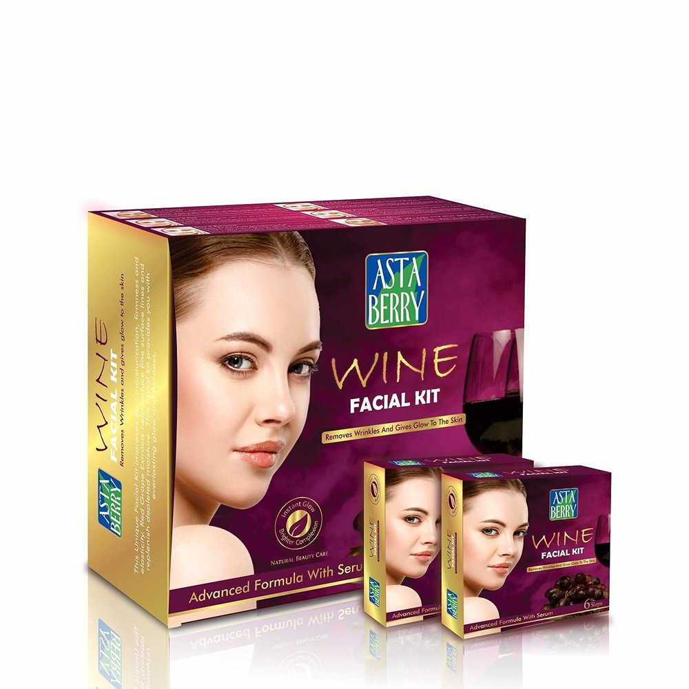 AZAZ Astaberry Wine Facial Kit 12 Pouch Set (6 Steps) 432g - Remove Wrinkles & Glowing Skin, Professional Facial Kit, Goodness Of Red Graps Extract, Aloe Vera Extract & Olive Oil