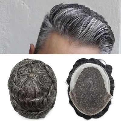 Toupee For Men French Lace Front Mens Hair System Bleached Knots Clear Poly Hair Replacement Black Brown Blonde Mix Gray 7"X9", 1B40 Off Black with 40% Gray Hair-100% density