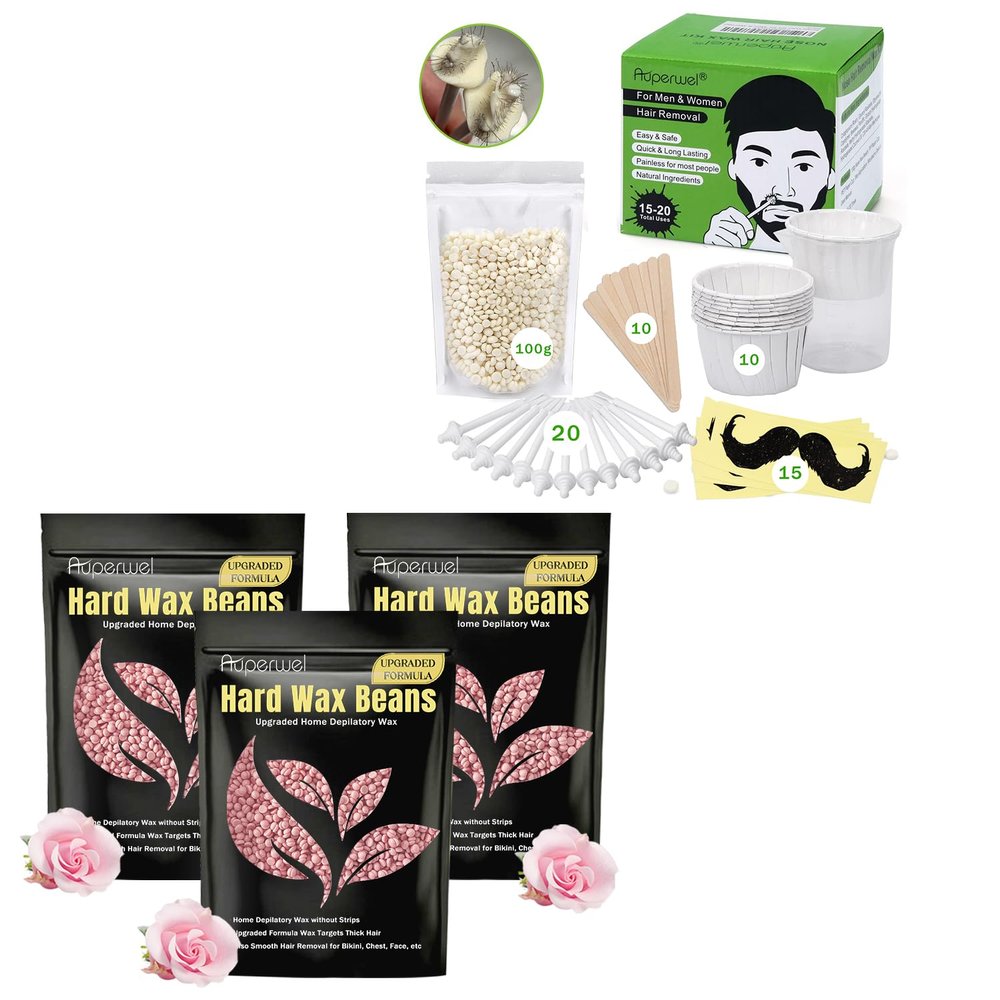 Auperwel Wax Beads for Hair Removal for Brazilian,Eyebrow wax ing 300g/ 10.5oz with 10 Spatulas, Nose Wax Hair Removal Kit for Men & Women (100g Wax, 15-20 Times Usage)