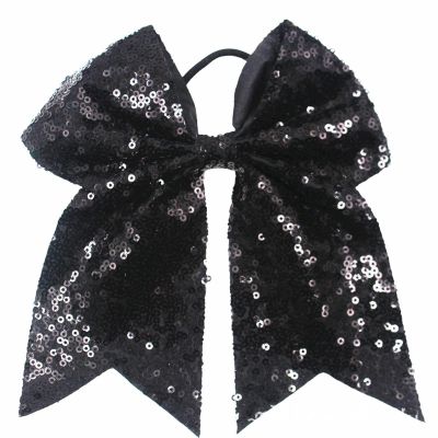Xansema 6.5 Inches Sequins Hair Bows Elastic Hair Tie Ribbon Large Cheer Bow Ponytail Holder Hair Band for Women Girls Kids Teens (Black)
