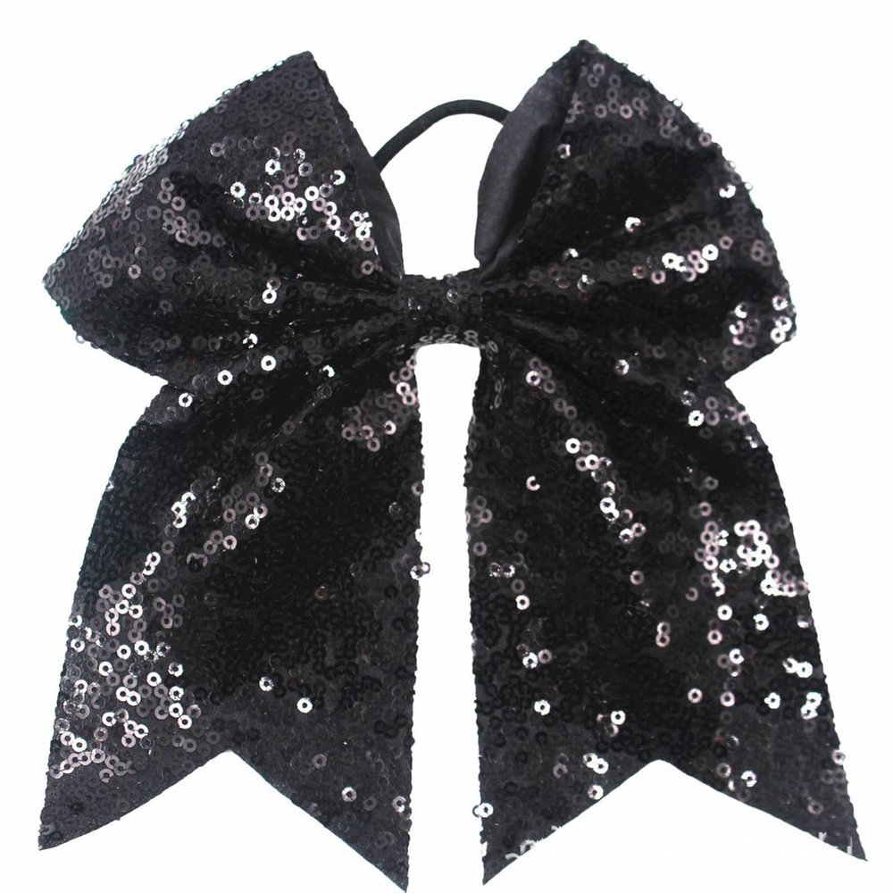 Xansema 6.5 Inches Sequins Hair Bows Elastic Hair Tie Ribbon Large Cheer Bow Ponytail Holder Hair Band for Women Girls Kids Teens (Black)