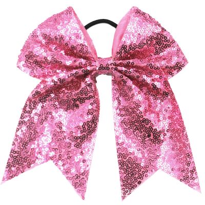 Xansema 6.5 Inches Sequins Hair Bows Elastic Hair Tie Ribbon Large Cheer Bow Ponytail Holder Hair Band for Women Girls Kids Teens (Pink)