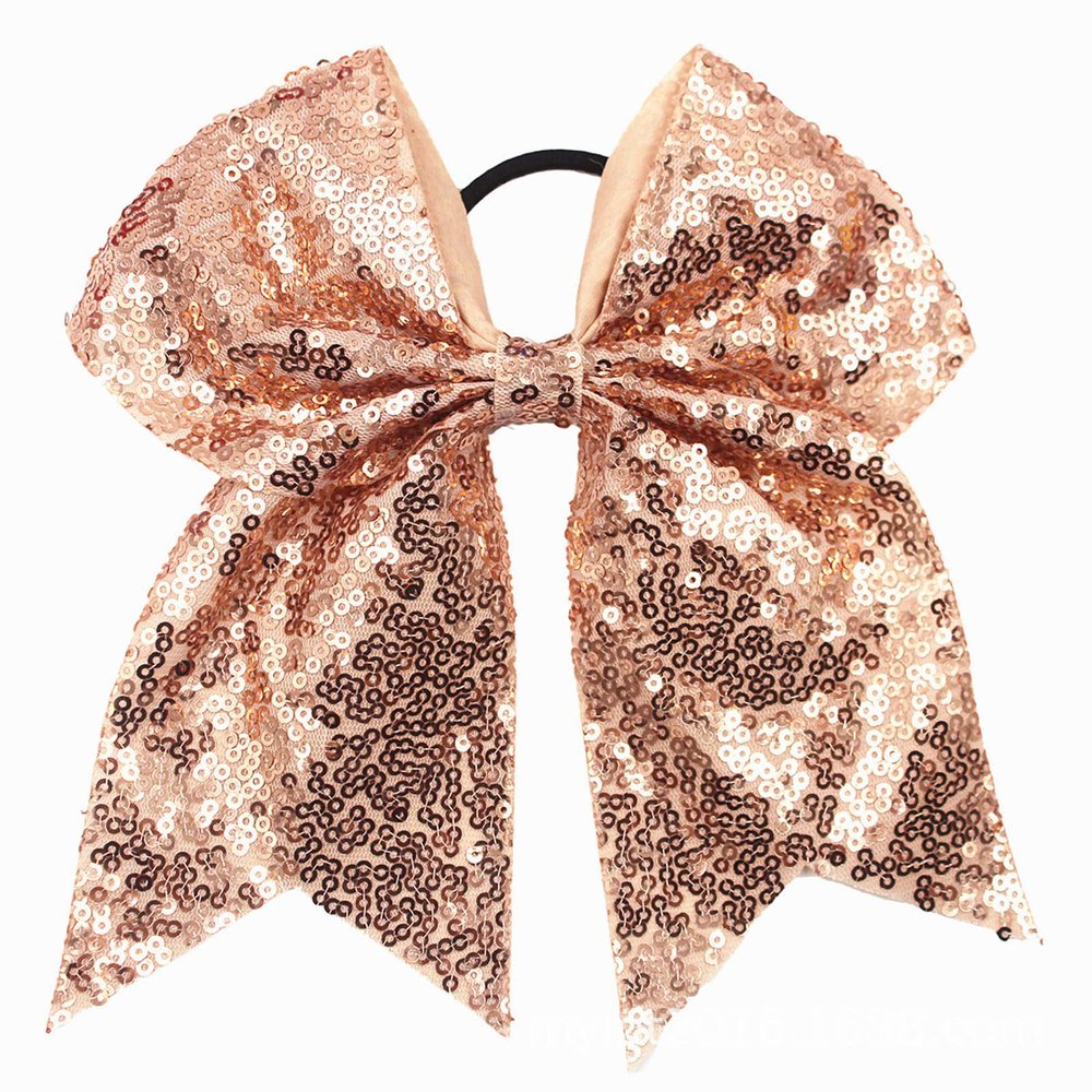 Xansema 6.5 Inches Sequins Hair Bows Elastic Hair Tie Ribbon Large Cheer Bow Ponytail Holder Hair Band for Women Girls Kids Teens (Champagne)