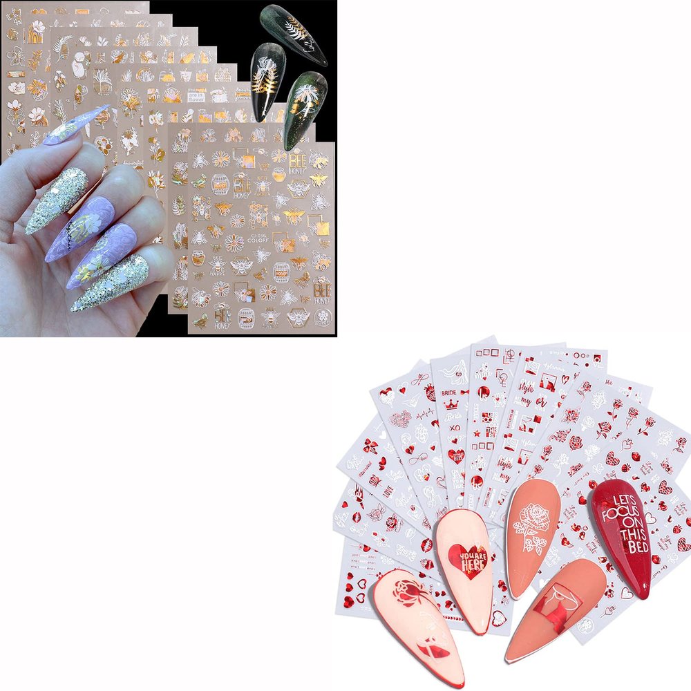 9 Sheets Gold Nail Stickers and 9 Sheets Love Heart Nail Stickers