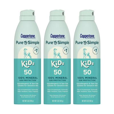 Coppertone Pure and Simple Kids Sunscreen Spray SPF 50, Zinc Oxide Mineral Sunscreen for Sensitive Skin, Hypoallergenic and Tear Free, 5 Oz Can, Pack of 3