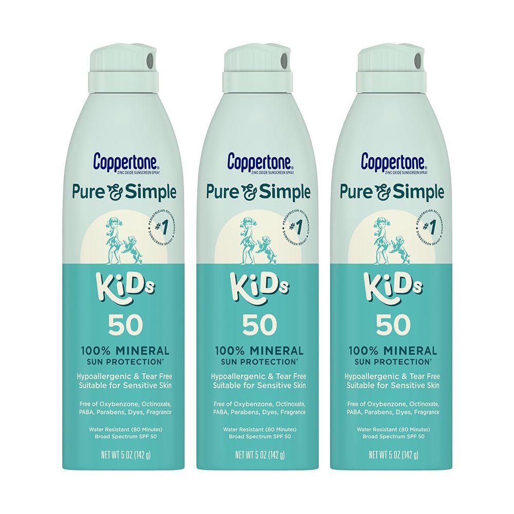 Coppertone Pure and Simple Kids Sunscreen Spray SPF 50, Zinc Oxide Mineral Sunscreen for Sensitive Skin, Hypoallergenic and Tear Free, 5 Oz Can, Pack of 3