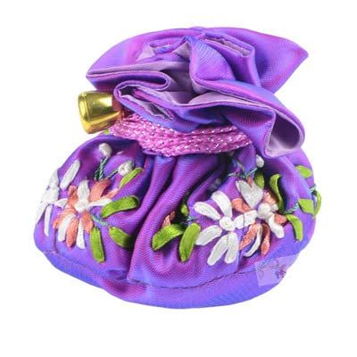 2pcs Hand Ribbon Embroidery Small 8 Grid Bag Drawstring Jewelry Gift Bags Satin Travel Makeup Storage Pouch (Purple)