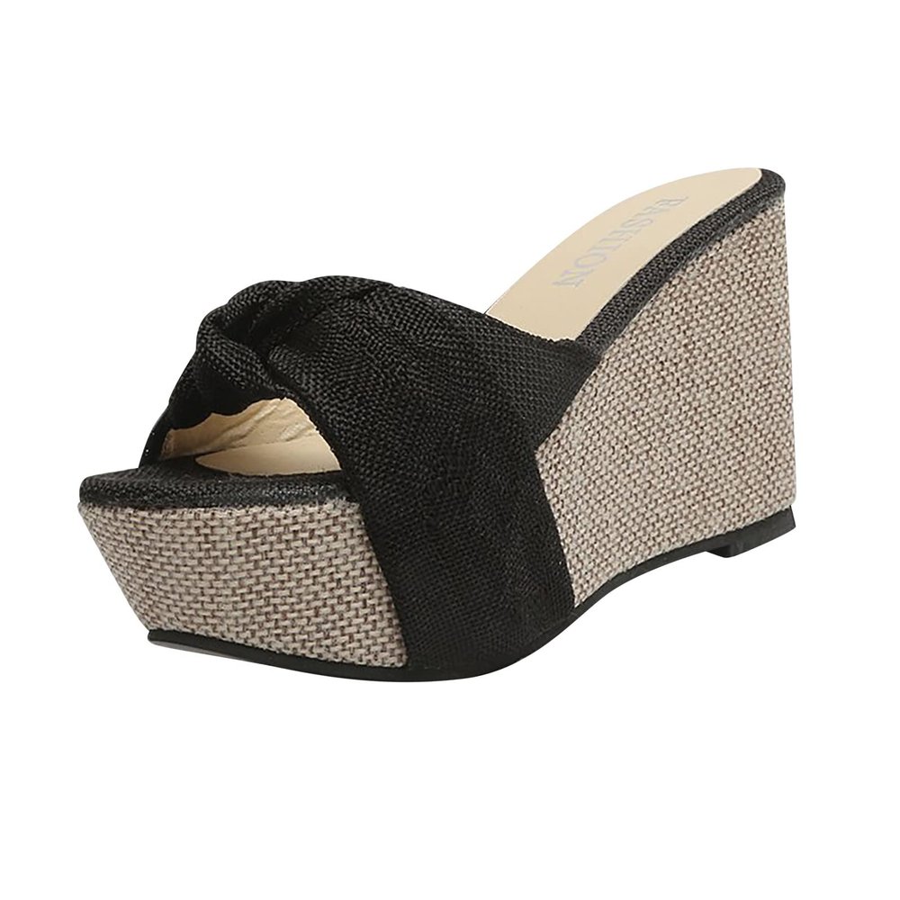 Bowknot Sandal for Women Wedge Platform Slippers Fashion Straps Open Toe Comfortable Slip-on Sandalias Summer Solid Chunky Casual Ladies Shoes Black
