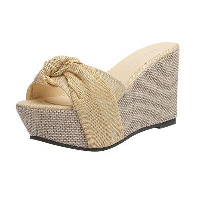 Bowknot Sandal for Women Wedge Platform Slippers Fashion Straps Open Toe Comfortable Slip-on Sandalias Summer Solid Chunky Casual Ladies Shoes Beige