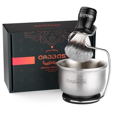 Anbbas Synthetic Badger Hair Shaving Brush,Stainless Steel Shaving Soap Bowl and Higher Brush Holder Stand Set for Men Wet Shave