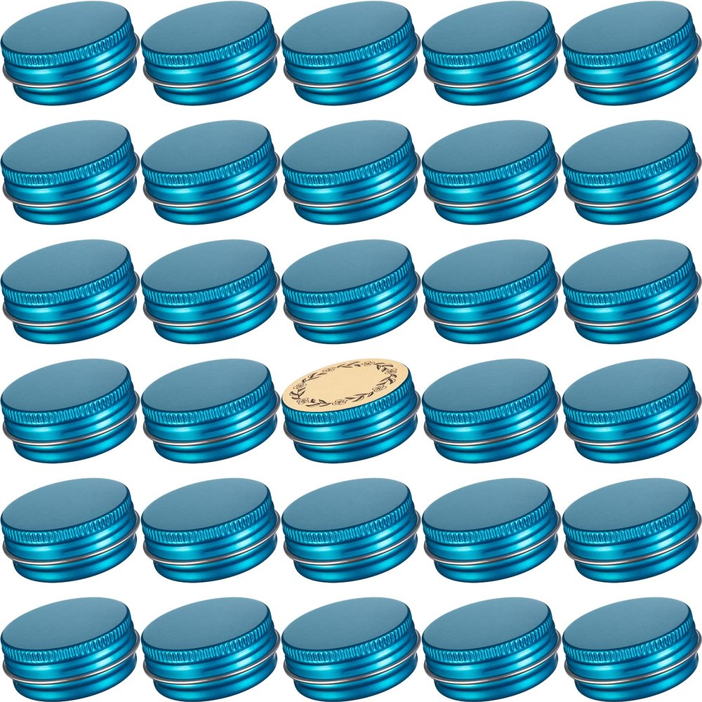 0.5 oz Screw Top Aluminum Tin Jar with Screw Lid and Blank Labels (Lake Blue - Pack of 32)