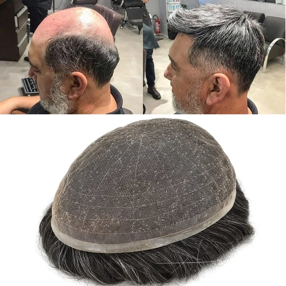 Toupee for Men French Lace Hairpiece Real Human Hair Replacement System Natural Hairline Mens Toupee Hair Prosthesis for Men (8"*10", 365# 3# Dark Brown+65% Grey-100% Light to Medium Density)