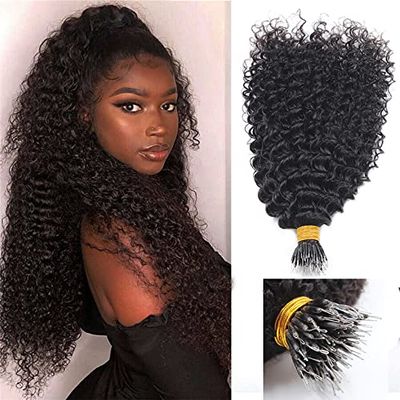 RJ HAIR Kinky Curly Nano Ring Human Hair Extension Monoglian Curly Nano Ring I Tip Human Hair Micro Beads 100g 100pcs (28inch 100 Strand, #1(Jet Black))