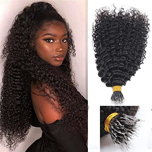 RJ HAIR Kinky Curly Nano Ring Human Hair Extension Monoglian Curly Nano Ring I Tip Human Hair Micro Beads 100g 100pcs (28inch 100 Strand, #1(Jet Black))