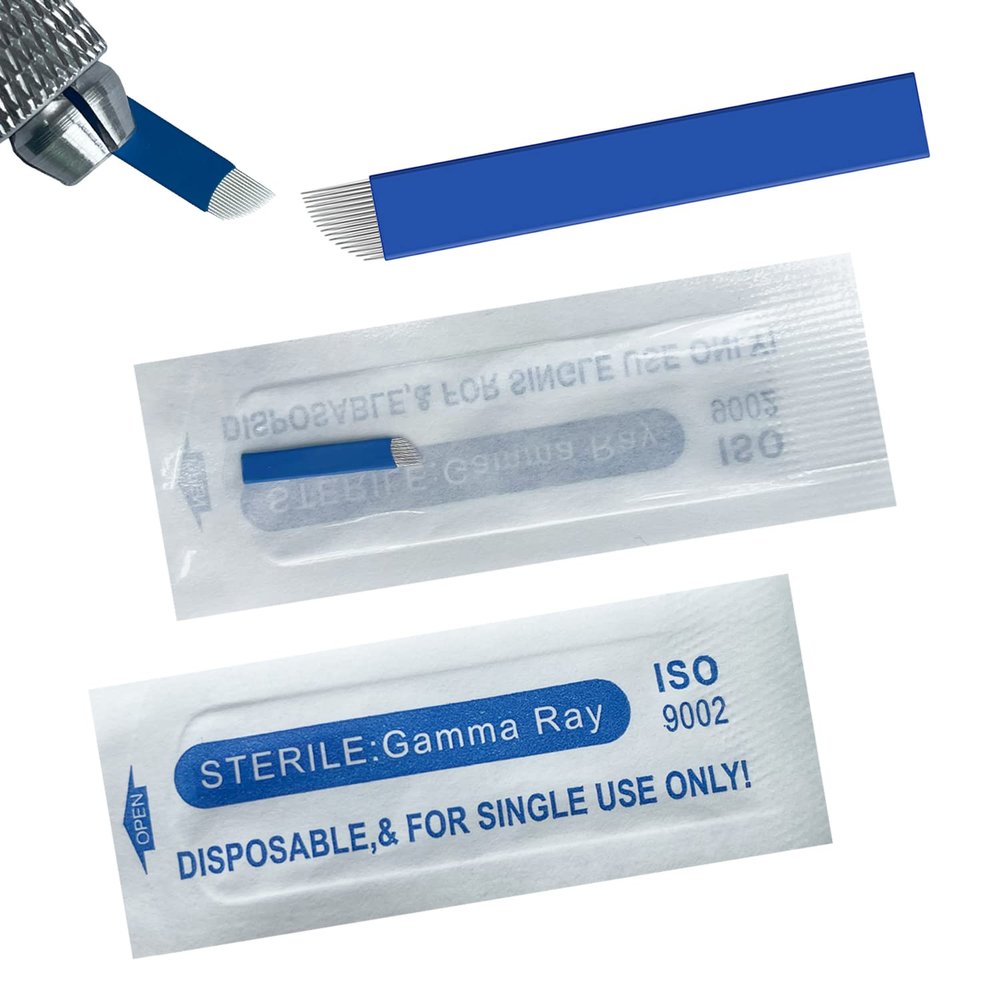 S16 30pcs Microblading Needles with 0.20mm Diameter,Disposable Eyebrow Tattoo Needle for Permanent Makeup Machine Supplies Manual -Blue 16 Sloped Needles