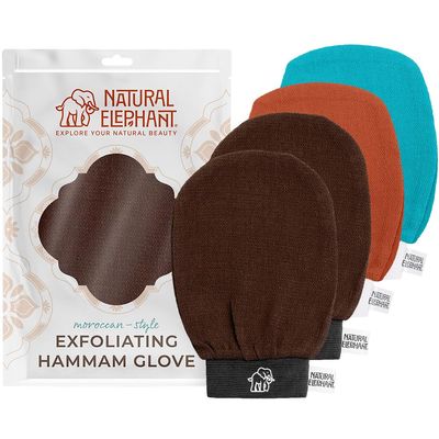 Natural Elephant Exfoliating Kessa Glove - Face and Body Exfoliator Hammam Mitt (2 Brown. Orange and Teal (Pack of 4))