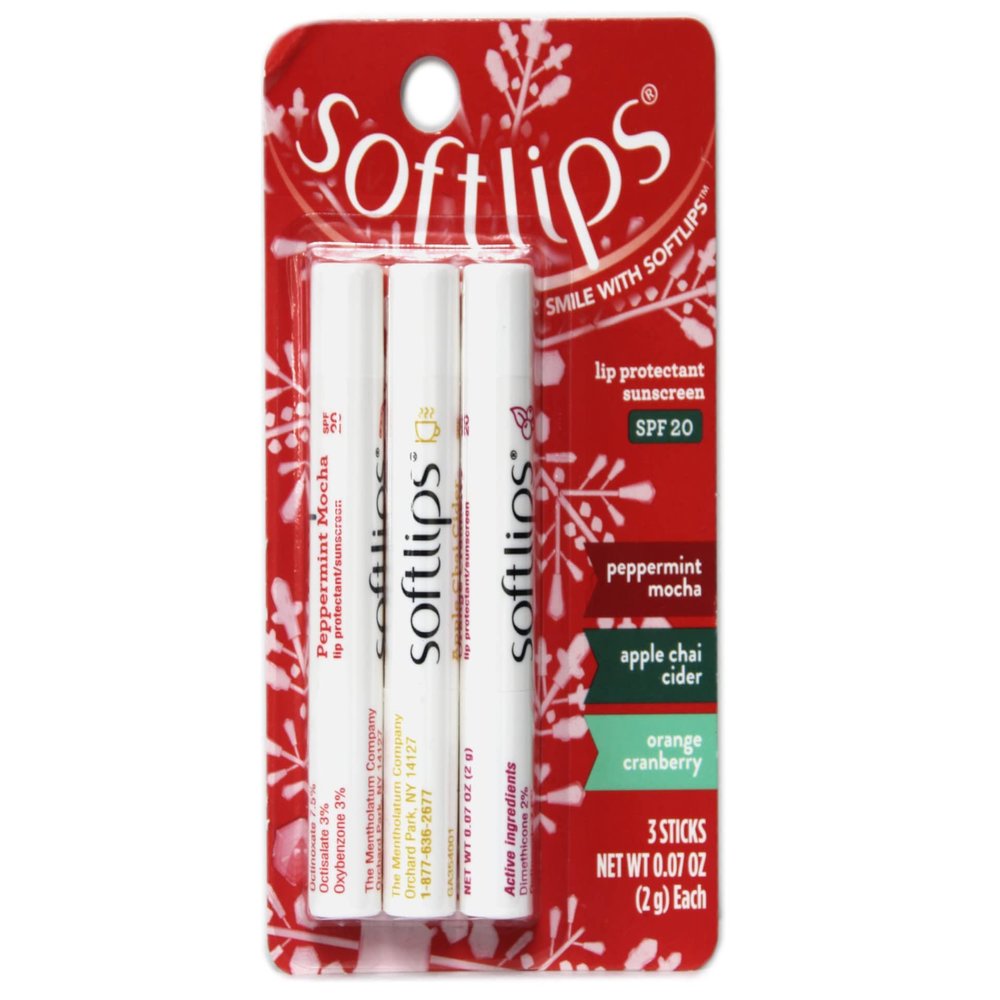Softlips Lip Protectant Sunscreen SPF20, Holiday Flavors 3 Count (Peppermint Mocha, Apple Chai Cider, & Orange Cranberry) .07oz Each