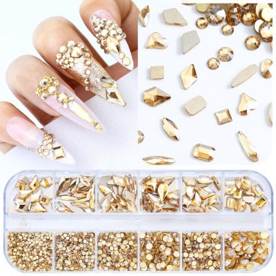 Dowarm 3200PCS Champagne Gold Nail Art Rhinestones, Round Flatback Rhinestones for Nails, Crafts, Golden Shadow Multi Shape 3D Glass Crystal Nail Gemstone Diamond