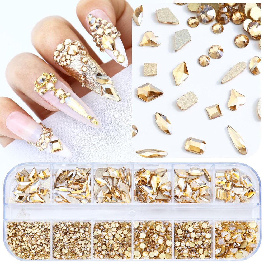 Dowarm 3200PCS Champagne Gold Nail Art Rhinestones, Round Flatback Rhinestones for Nails, Crafts, Golden Shadow Multi Shape 3D Glass Crystal Nail Gemstone Diamond