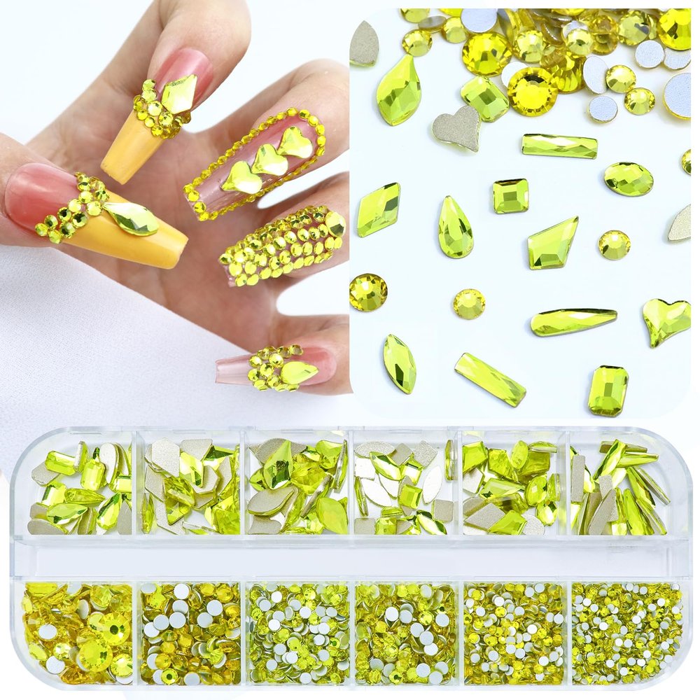 Dowarm 3200PCS Nail Art Rhinestones, Citrine/Yellow Flatback Rhinestones for Nails, Crafts, 12 Styles 3D Glass Crystal Nail Gems, Glitter Diamond
