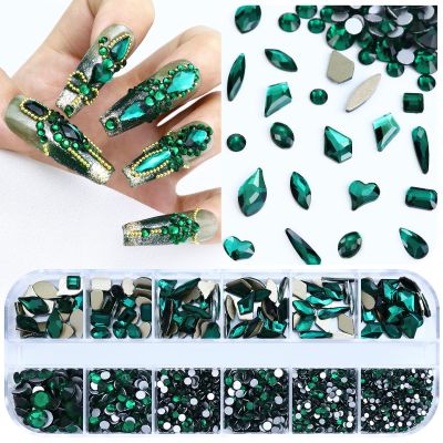 Dowarm 3200PCS Nail Art Rhinestones, Green/Emerald Flatback Rhinestones for Nails, Crafts, 12 Styles 3D Glass Crystal Nail Gems