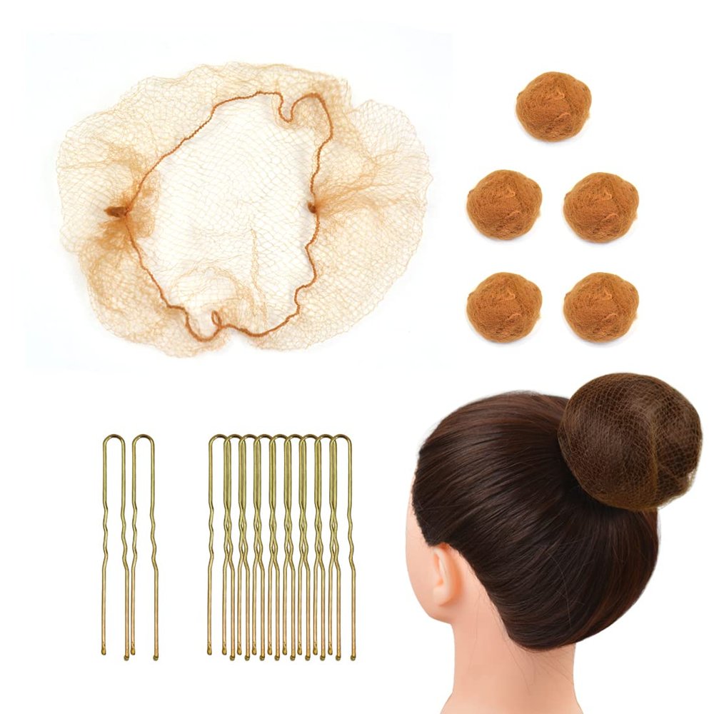 50 Pcs Hair Nets Set Invisible Mesh With 40 U Shaped Pins for Women Ballet Bun Sleeping and Wig (Light Brown)