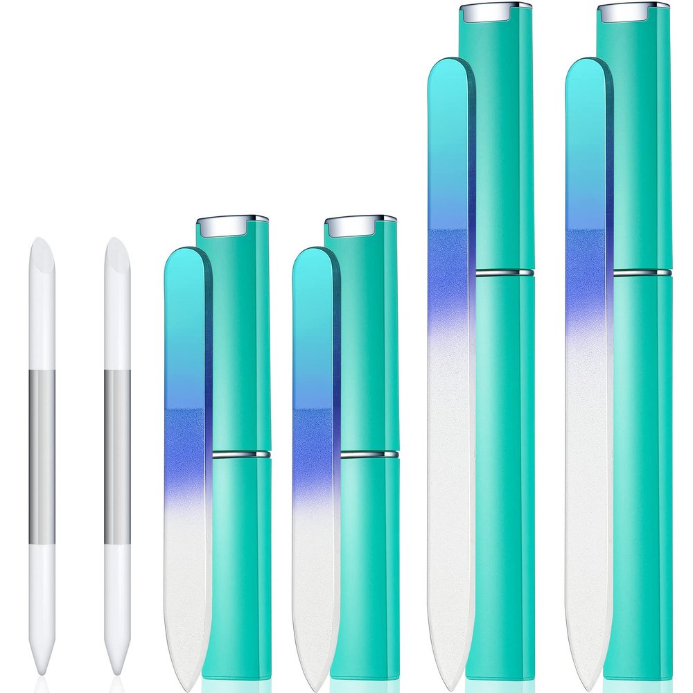 Mudder 6 Pack Crystal Glass Fingernail File with Case for Natural Nail and Cuticle Pusher Dual Ended Manicure Stick Set Nail Care Large Small Portable Tool Gift for Women Pastel Green Violet(Green)