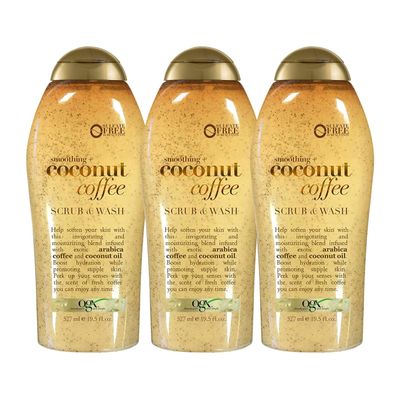 OGX Smoothing + Coconut Coffee Exfoliating Body Scrub with Arabica Coffee & Coconut Oil, Moisturizing Body Wash for Dry Skin, Paraben-Free with Sulfate-Free Surfactants, 19.5 Fl Oz (pack of 3)