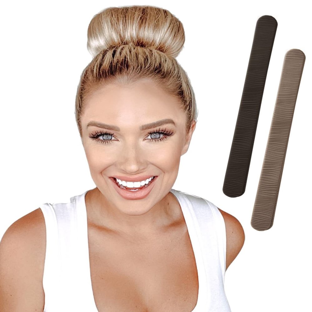 2 BUN BARZ by PONY-O:Patented Bendable No Damage Donut Hair Bun Maker  Easy Hair Styling Roll & Bend (Black & Light Brown)