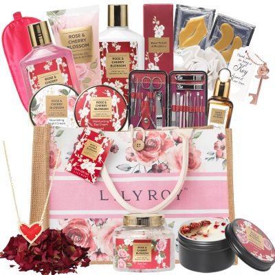 Valentines Day Gifts for Women - 35 Pcs Bath and Body Gifts Basket Set Rose Spa Gifts Set Skin Care Set for Women, Gift Baskets Set for Mothers Day Mom for Christmas, Birthday, All Occasion Present