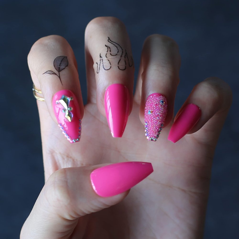 MqpQ Fake Nail Tips Baby Pink New Fake Nails Ruby Rhinestone Design Lovely With Gifts For Girlfriends False Nails Coffin