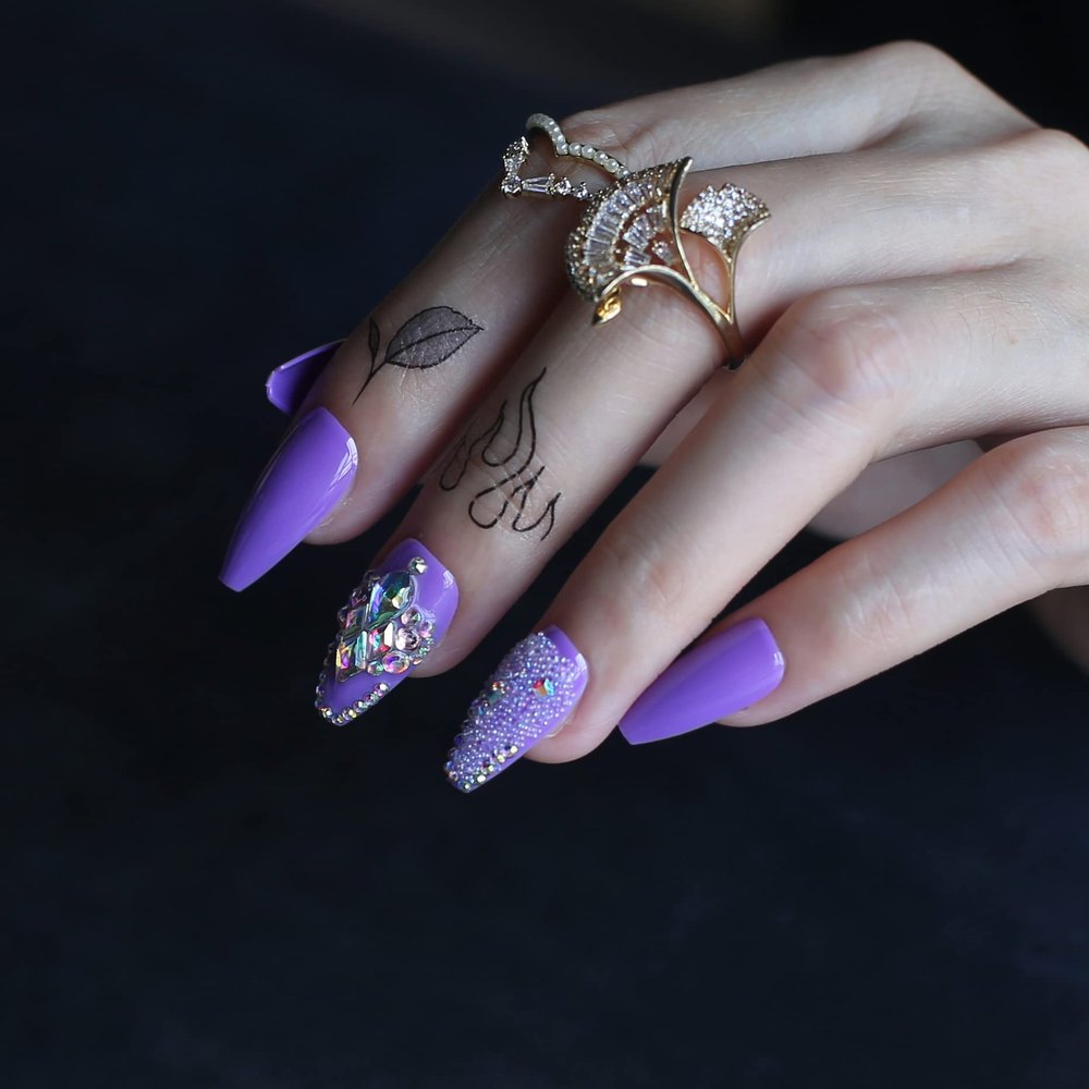 MqpQ Short Ballet Violet Glossy Press On Nails Shiny Rhinestone Design Artificial False Nails Purple Gel Cover False Nails Coffin