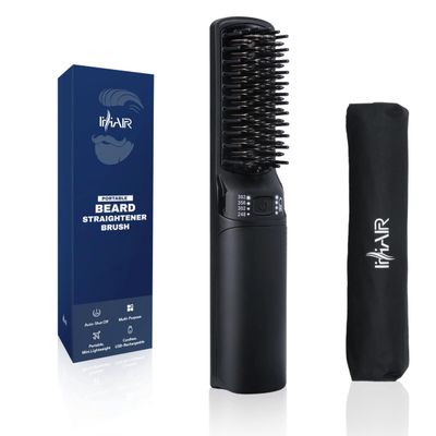 IHHAIR Premium Beard Mini Straightener Brush, Professional Straightener Brush for Men, Rechargeable 6400 mAh Straightening Tool Heated Comb, for Short & Long Beards for Home and Travel
