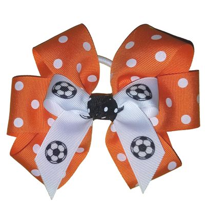Soccer Polka Dot Hair Bow with six loops, white pony band, Made in the USA (Orange) many colors