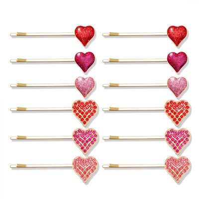 Boderier 12 Pack Valentine's Day Heart Bobby Pins Red Enamel Rhinestone Heart Hairpin Hair Slide Barrettes Styling Hair Accessories Gifts for Women Girls (Red Fuchsia Pink)