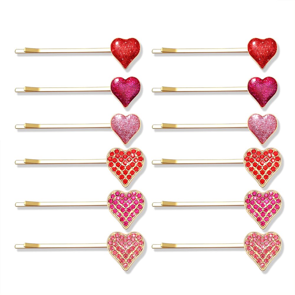 Boderier 12 Pack Valentine's Day Heart Bobby Pins Red Enamel Rhinestone Heart Hairpin Hair Slide Barrettes Styling Hair Accessories Gifts for Women Girls (Red Fuchsia Pink)