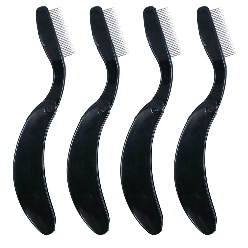 G2PLUS 4PCS Folding Eyelash Comb, Eyebrow Comb Metal Teeth, Eyelash Separator Comb, Eyelash Brush and Comb, Professional Tool for Define Lash & Brow (Black)