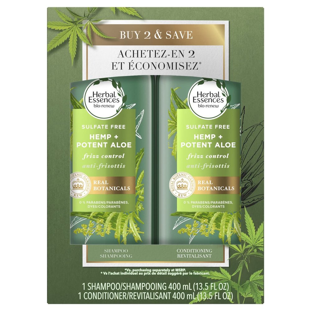 Herbal Essences Bio:Renew Sulfate Free Hemp + Potent Aloe Shampoo and Conditioner Set, 13.5 Fl Oz Each  Nourishes Dry Hair for Frizz Control, Paraben Cruelty Safe Color Treated (Pack of 1)