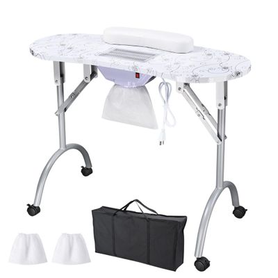 BYOOTIQUE Portable Manicure Nail Table Folding Nail Desk with Built-in Dust Collector, Carry Bag, Manicure Table With Lockable Wheel for Nail Tech Tattoo Workstation Beauty Spa Salon, White