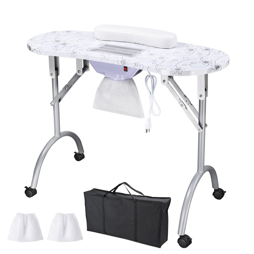 BYOOTIQUE Portable Manicure Nail Table Folding Nail Desk with Built-in Dust Collector, Carry Bag, Manicure Table With Lockable Wheel for Nail Tech Tattoo Workstation Beauty Spa Salon, White