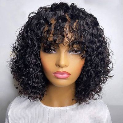 LUVME HAIR 10 Inch Short Curly Wigs with Bangs Water Wave Bob Wig Human Hair Short