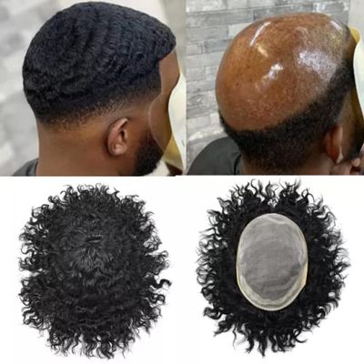 Afro Curly Men's Wigs Mono Lace with NPU Curly Weave Hair Unit Black Men's Toupee Afro Toupee For Men African Kinky Curly Fine Mono Durable Hair Replacement System Tape Around African American Black Unit AFRO AAA1 Hair Extension Unit for Black Men (6