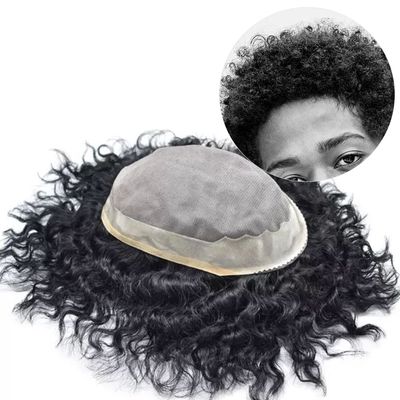 Afro Curly Men's Wigs Mono Lace with NPU Curly Weave Hair Unit Black Men's Toupee Afro Toupee For Men African Kinky Curly Fine Mono Durable Hair Replacement System Tape Around African American Black Unit AFRO AAA1 Hair Extension Unit for Black Men (8