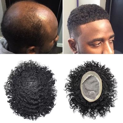 Afro Curly Men's Wigs Mono Lace with NPU Curly Weave Hair Unit Black Men's Toupee Afro Toupee For Men African Kinky Curly Fine Mono Durable Hair Replacement System Tape Around African American Black Unit AFRO AAA1 Hair Extension Unit for Black Men (7